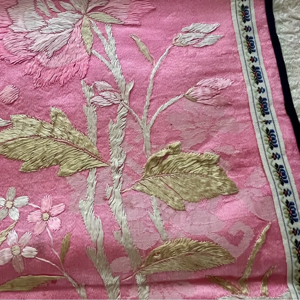 RARE Antique Qing Dynasty Chinese Silk Hand Embroidered‎ Sleeve Panel Pink Lotus